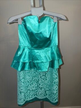 Megan Masters Strapless Teal Lace Peplum Dress